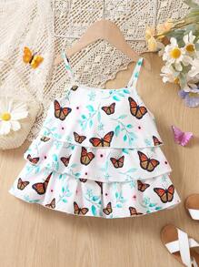 Toddler Girls Butterfly Print Layer Hem Cami Top - White - View 1