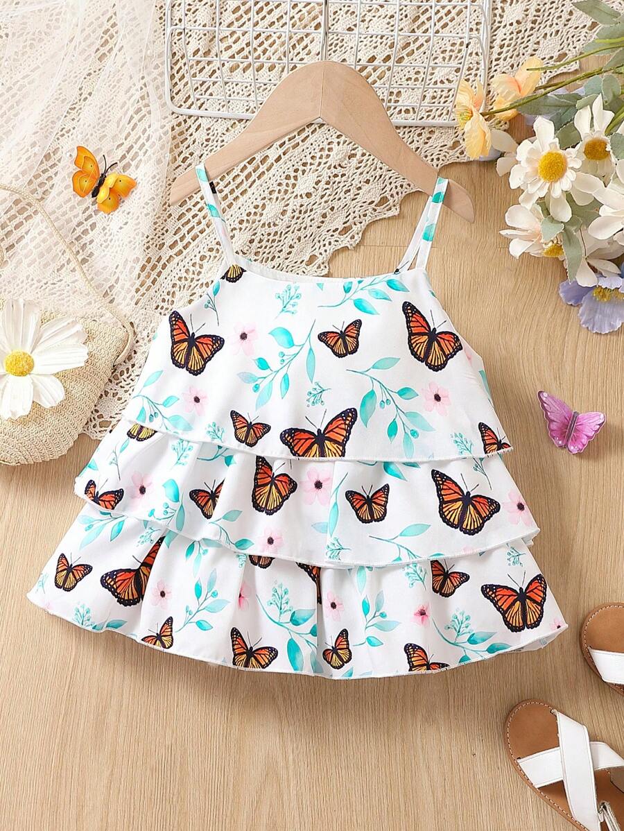 Toddler Girls Butterfly Print Layer Hem Cami Top - White - View 1
