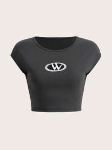 SHEIN ICON 大碼圖案印花短款T恤 - 深灰色 - 查看 1