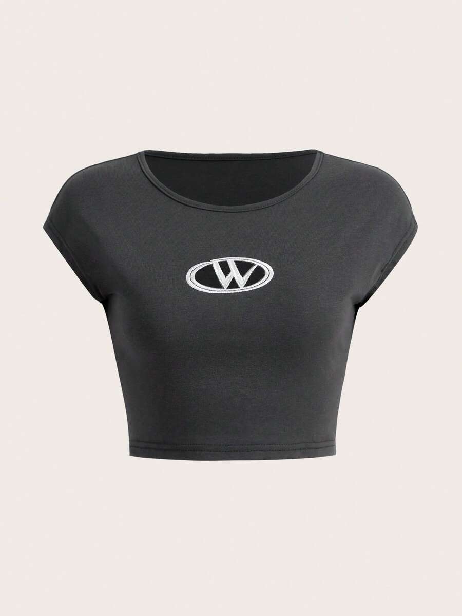 SHEIN ICON 大碼圖案印花短款T恤 - 深灰色 - 查看 1