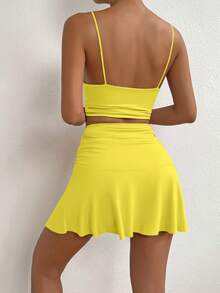 SHEIN Essnce unicolor Top de tirantes & fruncido Falda - Amarillo - Ver 2
