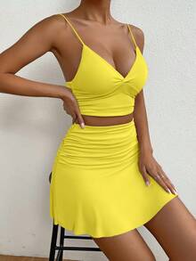 SHEIN Essnce unicolor Top de tirantes & fruncido Falda - Amarillo - Ver 4