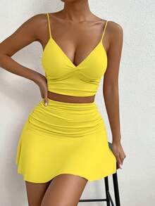 SHEIN Essnce unicolor Top de tirantes & fruncido Falda - Amarillo - Ver 7