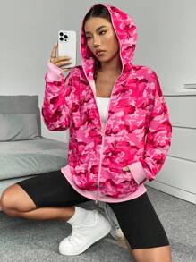 SHEIN Unity 迷彩印花落肩袖拉鏈連帽衫 - 玫紅色 - 查看 5