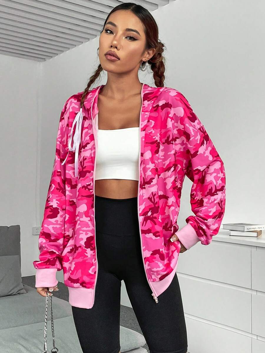 SHEIN Unity 迷彩印花落肩袖拉鏈連帽衫 - 玫紅色 - 查看 1