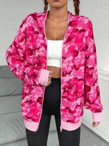 SHEIN Unity 迷彩印花落肩袖拉鏈連帽衫 - 玫紅色 - 查看 6