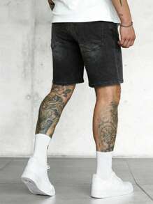 Men Slant Pocket Denim Shorts Jorts - Black - View 2