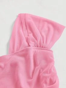 SHEIN MOD 露肩褶皺網紗夏季粉色上衣 - 粉色 - 查看 4