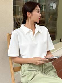 DAZY 女士纯色 Polo 领短袖休闲商务上衣 - 米色 - 查看 2