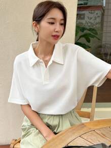 DAZY 女士纯色 Polo 领短袖休闲商务上衣 - 米色 - 查看 6