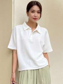 DAZY 女士纯色 Polo 领短袖休闲商务上衣 - 米色 - 查看 7