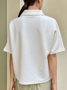 DAZY 女士纯色 Polo 领短袖休闲商务上衣 - 米色 - 查看 8
