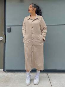 SHEIN EZwear Túi nghiêng Nút phía trước Thả vai áo - Màu Khaki - Xem 1