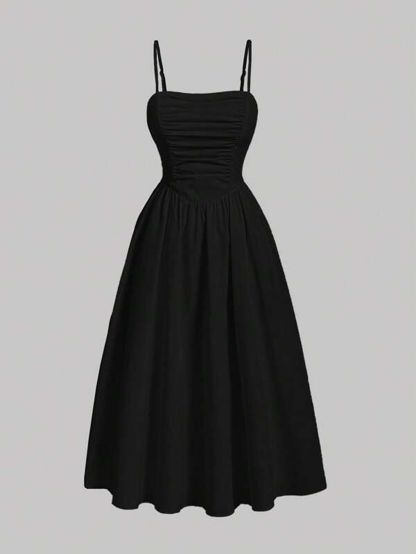 SHEIN MOD Solid Ruched Cami Black Long Dress