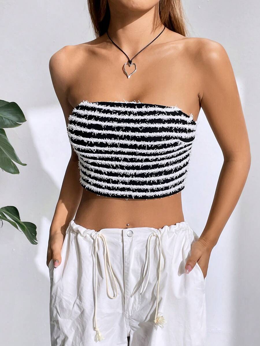 SHEIN EZwear In sọc Áo Tube Crop - Đen và trắng - Xem 1