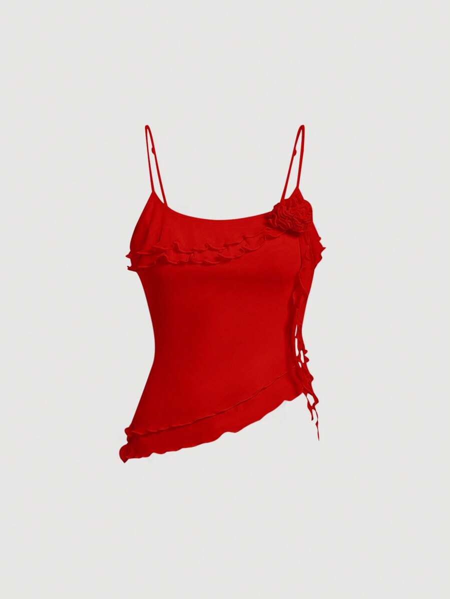 SHEIN MOD Summer Floral Romantic Red Lettuce Trim Asymmetrical Hem Cami Top - Red - View 1