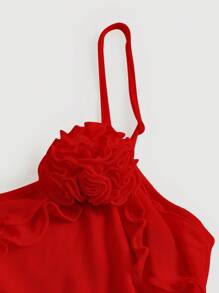 SHEIN MOD Summer Floral Romantic Red Lettuce Trim Asymmetrical Hem Cami Top - Red - View 3