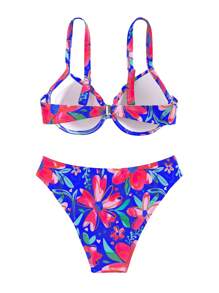 Floral Print Underwire Bikini Set - Blue - View 3