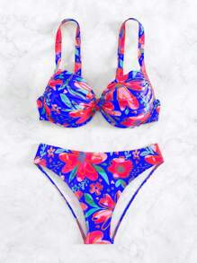 Floral Print Underwire Bikini Set - Blue - View 8