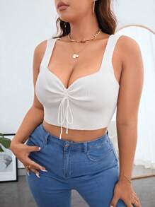 SHEIN Essnce 休閒抽繩 褶邊純色大碼針織上衣 - 白色 - 查看 2