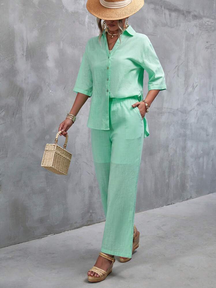 GENKIRA Solid Button Front Shirt & Wide Leg Pants - Mint Green - View 2