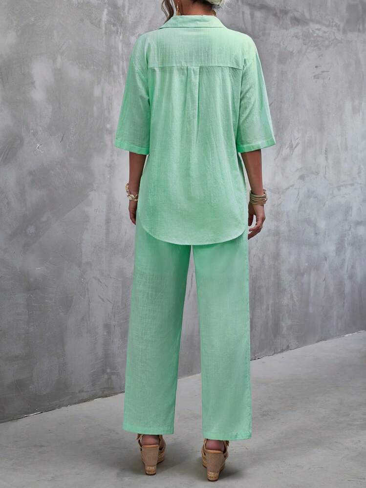 GENKIRA Solid Button Front Shirt & Wide Leg Pants - Mint Green - View 3