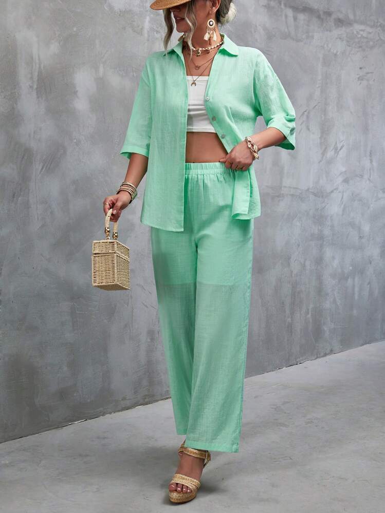 GENKIRA Solid Button Front Shirt & Wide Leg Pants - Mint Green - View 6