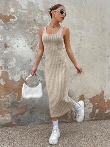 SHEIN EZwear 春夏纯燕麦色罗纹宽罗纹针织背心长连衣裙 - 杏色 - 查看 1