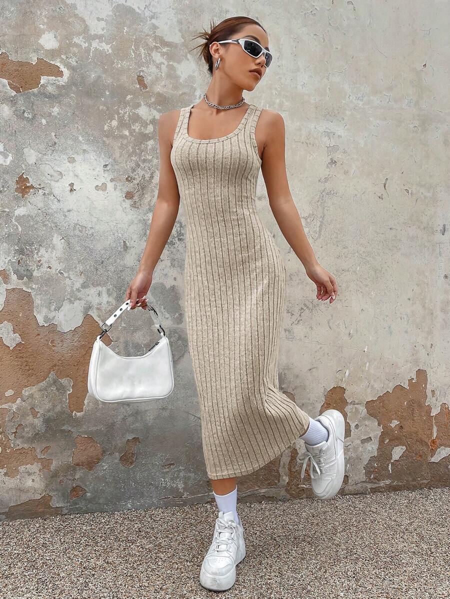 SHEIN EZwear 春夏纯燕麦色罗纹宽罗纹针织背心长连衣裙 - 杏色 - 查看 1