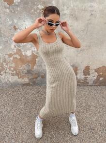 SHEIN EZwear 春夏纯燕麦色罗纹宽罗纹针织背心长连衣裙 - 杏色 - 查看 3