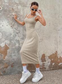 SHEIN EZwear 春夏纯燕麦色罗纹宽罗纹针织背心长连衣裙 - 杏色 - 查看 6