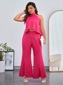 SHEIN Privé 優雅露背 開衩純色大碼兩件套裝 - 玫紅色 - 查看 2