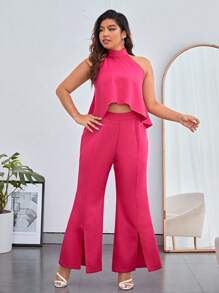 SHEIN Privé 優雅露背 開衩純色大碼兩件套裝 - 玫紅色 - 查看 4