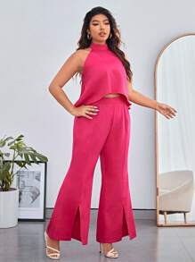 SHEIN Privé 優雅露背 開衩純色大碼兩件套裝 - 玫紅色 - 查看 1