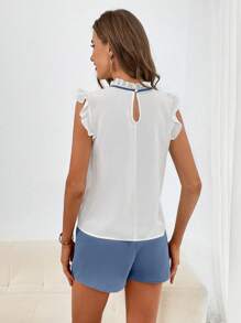 SHEIN Privé Frill Mock Neck Ruffle Armhole Top & Belted Shorts - Blue and White - View 2