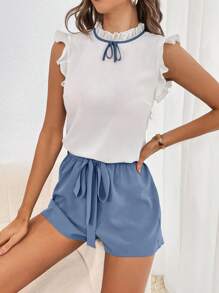 SHEIN Privé Frill Mock Neck Ruffle Armhole Top & Belted Shorts - Blue and White - View 3