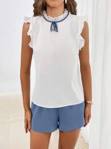 SHEIN Privé Frill Mock Neck Ruffle Armhole Top & Belted Shorts - Blue and White - View 6