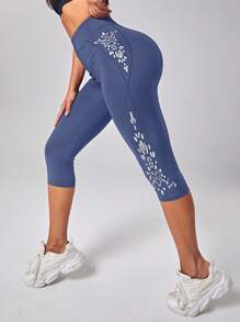 幾何印花寬腰帶七分運動打底褲 - 藍色 - 查看 1