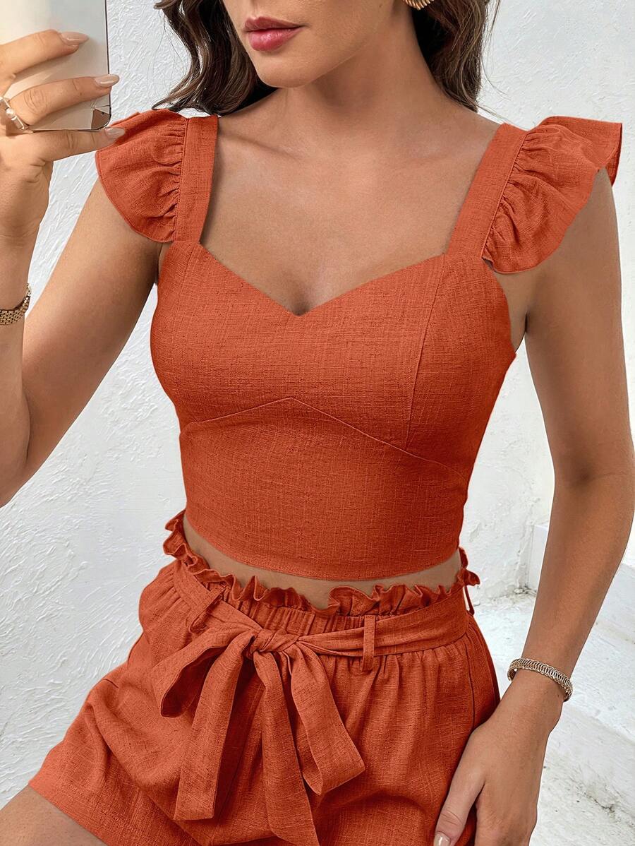SHEIN Essnce 荷葉邊雞心領口短款上衣 - 鏽棕色 - 查看 1