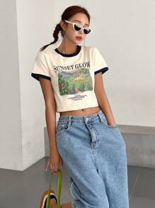 DAZY Mountain & Slogan Graphic Contrast Binding Tee - Apricot - View 5