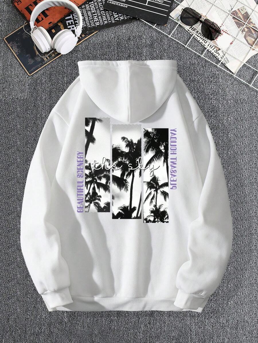 Men Tropical & Letter Graphic Drawstring Hoodie - White - View 1