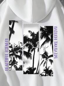 Men Tropical & Letter Graphic Drawstring Hoodie - White - View 3