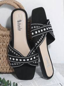 Dát Đầy Thánh giá Dây đeo Mặc vào Dép phẳng - màu đen - Xem 2