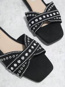 Dát Đầy Thánh giá Dây đeo Mặc vào Dép phẳng - màu đen - Xem 3