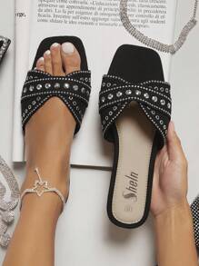 Dát Đầy Thánh giá Dây đeo Mặc vào Dép phẳng - màu đen - Xem 4