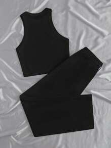 SHEIN Essnce 素色背心上衣和褲子 - 黑色 - 查看 2