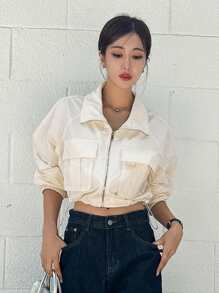 DAZY 翻蓋口袋落肩袖拉鏈開襟短夾克 - 白色 - 查看 6