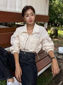 DAZY 翻蓋口袋落肩袖拉鏈開襟短夾克 - 白色 - 查看 8