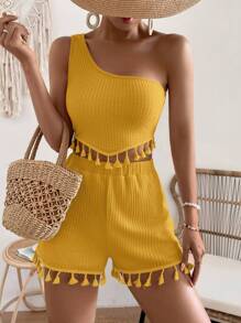 SHEIN VCAY One Shoulder Tassel Trim Crop Top & Shorts - Yellow - View 4