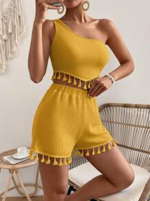 SHEIN VCAY One Shoulder Tassel Trim Crop Top & Shorts - Yellow - View 5